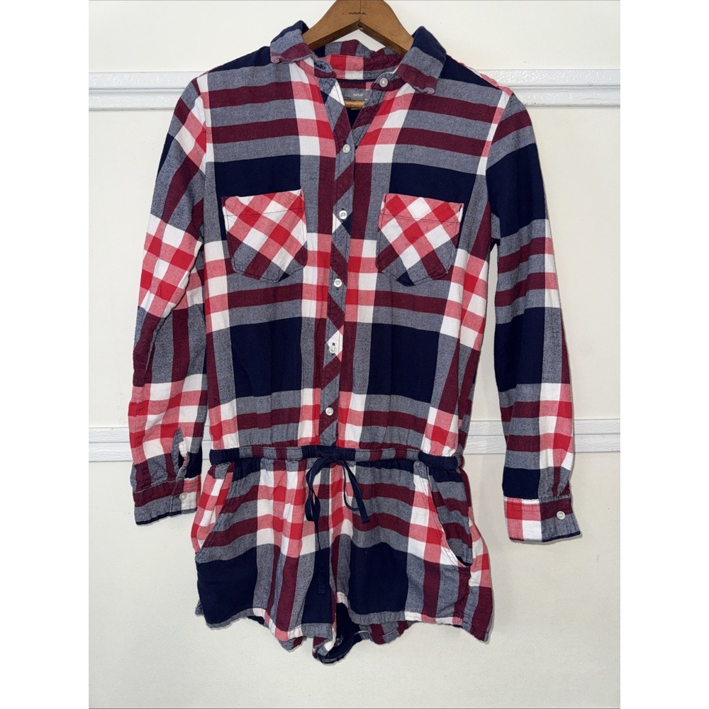 Aerie Flannel Plaid Long Sleeve Shorts Romper Drawstring Waist Small 100% Cotton